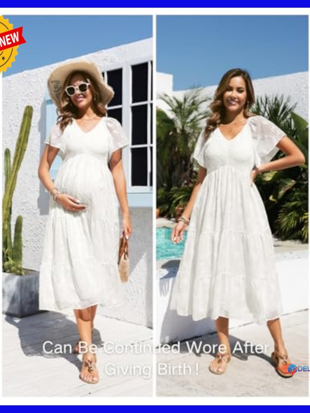 Maternity Midi Dress Flutter Sleeve Smocked Top A-Line Casual Summer - Picture 5 of 7